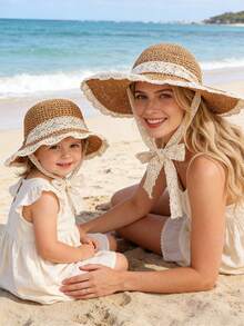 2件套亲子蕾丝钩花遮阳帽，适合海滩度假夏季户外 - 2PCS - 查看 3