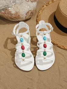 1 Pasang Sandal Musim Panas Anak-Anak Gaya Romawi dengan Hiasan Batu Permata Warna-warni, Sandal Pantai Putih Bohemian, Sandal Gaya Eksotis Retro dengan Dekorasi Paku Keling Logam Emas, Gesper yang Dapat Diatur, Cocok untuk Liburan, Perjalanan, dan Padu Padan Pakaian - Putih - View 1