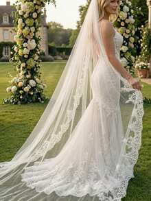 1pc Extra Long Bridal Veil With Lace Trim Design, Suitable For Wedding Dress, Cathedral Wedding,Summer,Beach - 彩色 - 查看 2