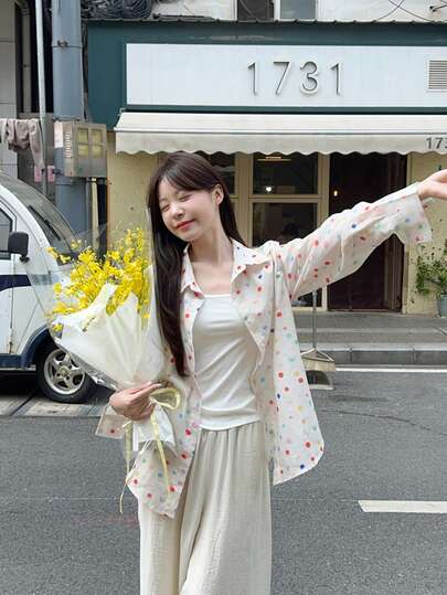 韩版宽松彩色波点轻薄长袖衬衫，防晒