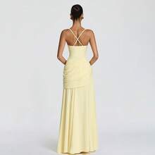 Fashionable And Elegant Temperament Sexy Dress With Low-Neck Spaghetti Straps, Solid Color, Waist-Cinching, Backless, Mermaid Long Dress For Women, Suitable For Parties And Banquets - Màu vàng - Xem 3