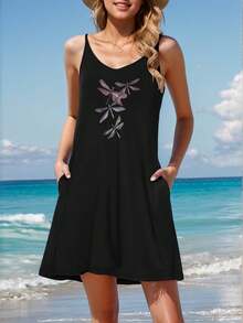 Plus Size - A Chic Black U-Neck Dragonfly Dress Designed For Plus-Size Women, Ideal For Beach Getaways, Summer Events, And Casual Lounging. This Elegant Spaghetti Strap Dress Is Perfect For Weddings And Evening Parties - 黑色 - 查看 1