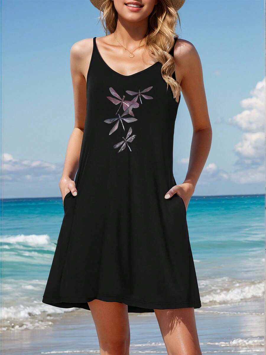 Plus Size - A Chic Black U-Neck Dragonfly Dress Designed For Plus-Size Women, Ideal For Beach Getaways, Summer Events, And Casual Lounging. This Elegant Spaghetti Strap Dress Is Perfect For Weddings And Evening Parties - 黑色 - 查看 1