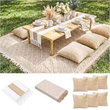 Extra Large Outdoor Boho Picnic Blanket With Table Runner And 6 Throw Pillows Covers For Outdoor Essentials Beach Accessories Garden Party Decoration Patio Park Lawn Grass Ground Festival Mat Beige XL - Màu nâu - Xem 8
