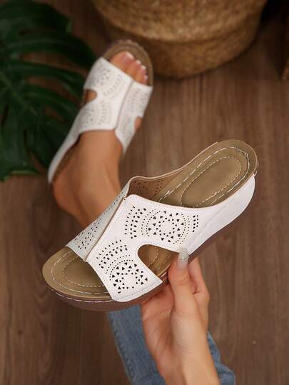 New Women's Hollow-Out Platform Slip-On Slippers, Solid Color Elegant Resort Fashion Bohemian Casual Sexy Hollow-Out Women's Wedge Thick Bottom Sandals, Summer