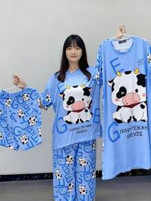 Pijama cómodo de anime con dibujos animados - camiseta corta, pantalones cortos modernos, falda larga y mangas largas, diseño de dibujos animados, conjunto de 4 piezas elástico. - Azul - Ver 2