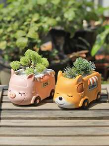Cute Animal Bus Succulent Planter Resin Decor – Adorable Dog/Fox/Panda/Pig Cart Flower Pot For Desk, Bedroom & Garden. Perfect Kawaii Home Decor To Brighten Your Space, Great Gift For Plant Lovers & Kids! - 1pc - View 1