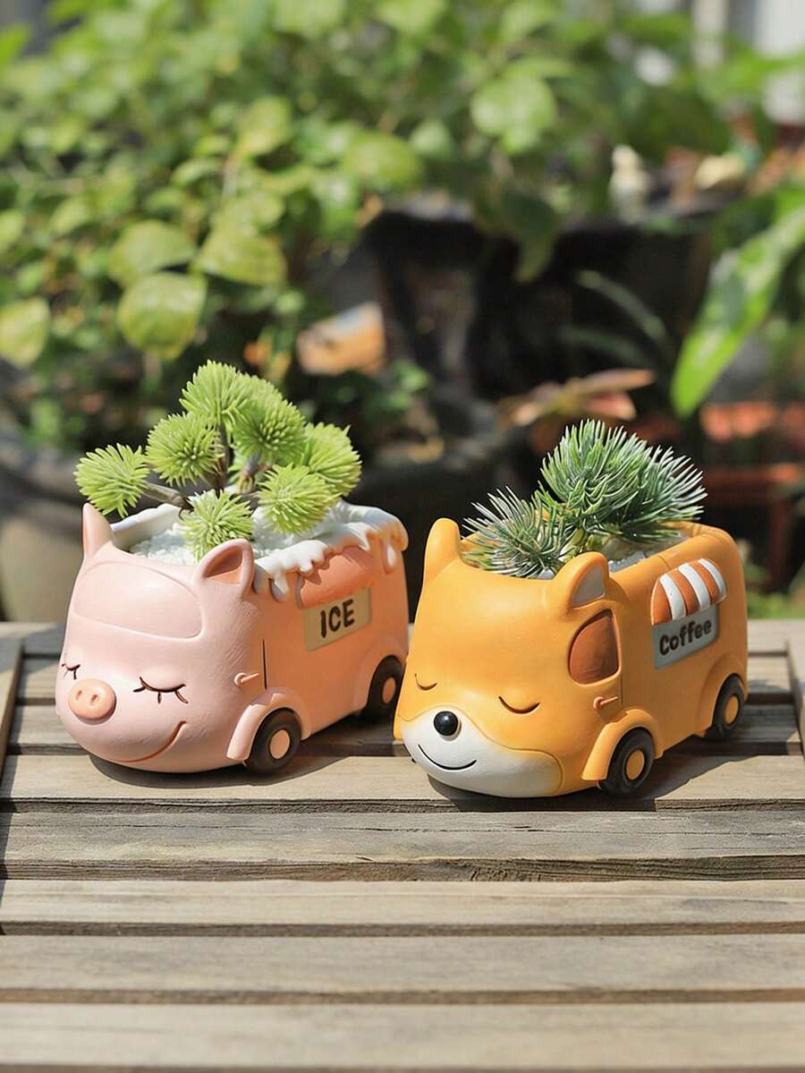 Cute Animal Bus Succulent Planter Resin Decor – Adorable Dog/Fox/Panda/Pig Cart Flower Pot For Desk, Bedroom & Garden. Perfect Kawaii Home Decor To Brighten Your Space, Great Gift For Plant Lovers & Kids! - 1pc - View 1