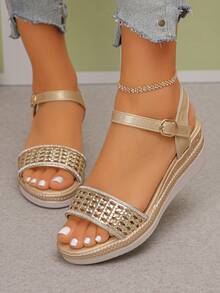 Sandalias de cuña doradas simples para mujer, de moda y elegantes, cómodas y versátiles, adecuadas para uso diario y actividades al aire libre en verano - Dorado - Ver 4