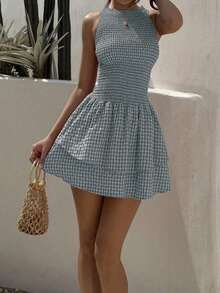 Vestido mini ajustado sin mangas a cuadros azules, estilo francés dulce para vacaciones, primavera/verano - Multicolor - Ver 3
