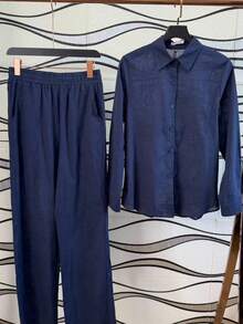 Women's Cotton And Linen Shirt And Pants Set - Màu xanh hải quân - Xem 3