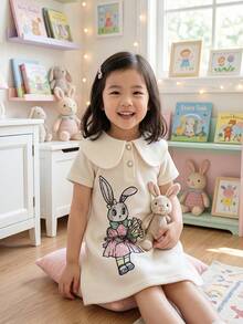 Easter Girls' Summer Dress Cute Rabbit Holding Flower Pattern Lapel Short Sleeve Sweet A-Line Fitted Dress For Toddler - Apricot - View 3