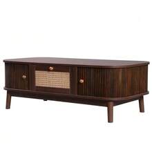 Coffee Table - Rattan Coffee Table, Rattan Drawers And Sliding Doors With Solid Wood Slats, Solid Wood Legs, Natural Rustic Style. - Natural Color - View 11