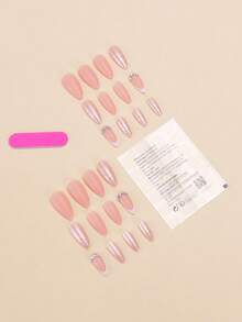 24pcs Extra Long Oval (Almond) Shaped Press-On Nails, Luxurious Gradient Rhinestone Manicure With Nude Pink Base, Blending Gradient Pink Rhinestones, French White Tips And Circle Rhinestone Decor, Elegant High-End Party Style, Suitable For Dates, Galas Or Eye-Catching Occasions, Brightening And Luxurious - Multicolor - View 2