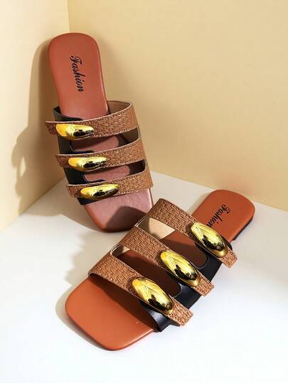 Sandal đế bằng nữ kiểu dáng nghỉ dưỡng, mũi vuông, chất liệu giả dệt, khóa cài hình quả chuối, thoải mái, thích hợp cho mặc thường ngày, đi bộ, mua sắm, đi biển.