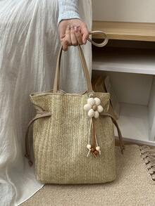 Túi đeo vai dáng xô đứng bằng rơm mới, kiểu dáng đi biển dành cho nữ. - Màu Khaki - Xem 3