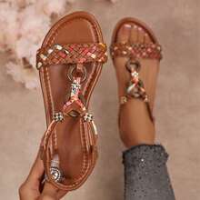 Comfort Walking Colorful Woven Braided Bohemian Sandals For Women Summer Beach Shoes Flats - 棕色 - 查看 2