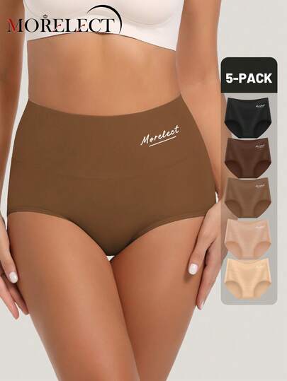 Morelect 5条/包 无缝纯棉中腰彩色女士三角裤，提臀，高弹，舒适透气女士内裤