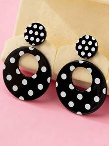 1 Pair Fashion Black & White Polka Dot Acrylic Geometric Water Drop Round Dangle Earrings, Suitable For Daily Wear - Black and White - View 3