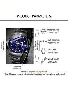 Set Jam Tangan Quartz Pria Minimalis 2 Buah/Set, Termasuk Jam Tangan Quartz Pria dengan Tali Baja Hitam Geneva dan Angka Romawi Biru serta Gelang Hitam, Aksesori Jam Tangan Quartz Pria Gaya Tangguh - Hitam - View 3