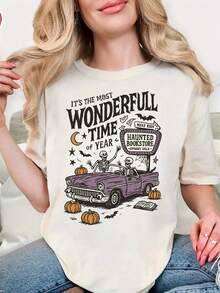 Women's Graphic T-Shirts With Halloween Theme Print - Casual Short-Sleeve Crew Neck T-Shirt With Prints Of Haunted Houses, Bats, Witches And Ghosts, Lightweight And Machine Washable Fabric, Loose Fit Suitable For Spring, Summer And Year-Round Wear, Perfect For Party Outfits And Holiday Shopping, Soft Texture, Fun Design, Cottno. - 白色 - 查看 6