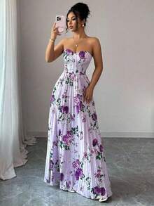 Elegant Romantic Floral Print Ruched Waist A-Line Camisole Dress For Women - 多色 2 - 查看 6