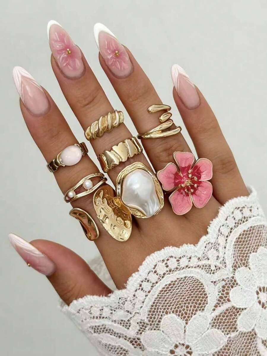 Bộ 8 chiếc nhẫn hoa hồng và ngọc trai giả thời trang, đa năng, phù hợp cho nữ giới đeo hàng ngày, đi du lịch, hẹn hò và dự tiệc. - Nhiều màu - Xem 1