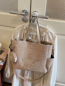 New Casual Khaki Straw Fabric Star Pattern Tote Bag With Coin Purse For Women - Khaki - View 8