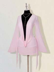 Sexy Oversized Plunging Neckline Mesh Patchwork Backless Mini Dress Pink,Dresses For Women Elegant - 粉色 - 查看 1