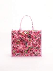 1pc Colorful Sequin & Mesh Patchwork Linen Tote Bag, Fashion Floral & Leaf Embroidery Design, Large Capacity Square Shoulder Bag, Casual Vacation Style Shopping Bag (Floral Pattern Randomly Distributed) - Pink - View 5