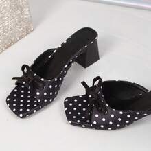 Y2K Retro Polka Dot Comfortable Chunky Heel Sandals, Bowknot Square Toe Slides, Suitable For Daily Outings And Gatherings In Summer - Black - View 7
