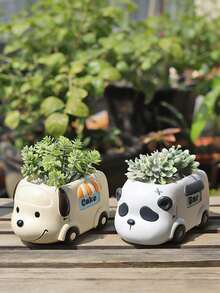 Cute Animal Bus Succulent Planter Resin Decor – Adorable Dog/Fox/Panda/Pig Cart Flower Pot For Desk, Bedroom & Garden. Perfect Kawaii Home Decor To Brighten Your Space, Great Gift For Plant Lovers & Kids! - 1pc - View 3