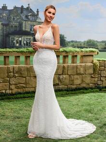 Vestido de novia elegante y ajustado de unicolor con encaje de espina de pescado, primavera - Blanco - Ver 5
