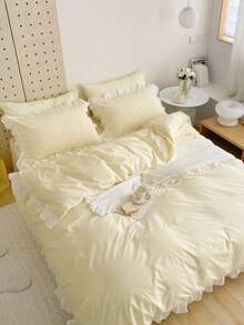 三件套黄色米色荷叶边柔软磨毛被套组（1个被套+2个枕套），适用于卧室和客房，四季皆宜，可机洗 - 黃色 - 查看 7