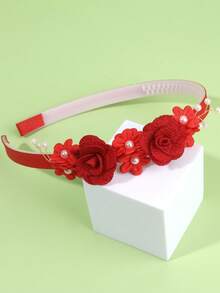 1pc Girls Red Faux Flower Headband, Suitable For Daily Wear And Wedding Season Hair Accessory - Red - View 2