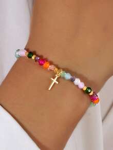 1pc New Fashion Vacuum Electroplated Cross & Square Agate Colorful Crystal Beaded Bracelet, Elegant Gift For Women/Girls, Easter Gift, Comes With Blessing Card, Couple/Best Friend Gifts - View 2