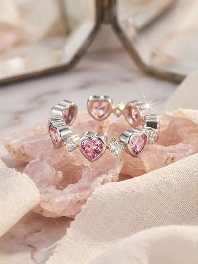 1PC Exquisite Faddish Silver Pink Linked Hearts Copper+Zirconia Open Ring For Teenager Wear, Mom Gift, Teacher Gift, Boho Summer Beach Travel Party Essential, Rave/Prom/Party/Daily Accessories, Gold Yellow Jewellery, Back To School Gift, Birthday Gift