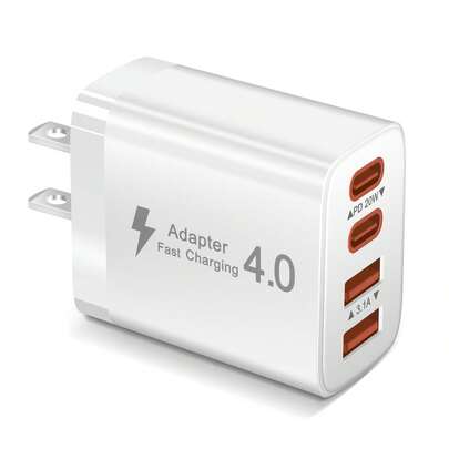 1个2A2C接口USB-C插头快速充电器，40W 4端口多USB充电适配器插头（美规插头）双端口PD电源适配器+QC墙式充电器，多端口交流电源Type-C充电插头，适用于多人充电、多设备充电、家庭充电需求和办公桌使用，多端口快速充电