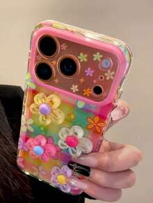Flower Korean Style Ins Dopamine Colorful Plaid 3D Floral 17 Pro Max Phone Case, Creative Protective Cover Compatible With Apple 15 Pro, 14, 13, 16, 17 Unique Design For Women - Multicolor - View 7
