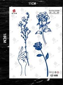 1pc Fashionable Floral Design Temporary Tattoo, Floral Print Pattern Fake Tattoo Sticker, Unisex Body Art Tattoo, Waterproof & Sweatproof, Suitable For Arms, Hands, Abdomen And Feet, Lasts 7-14 Days, Beach Party Accessory DIY Gift - Blue - View 7