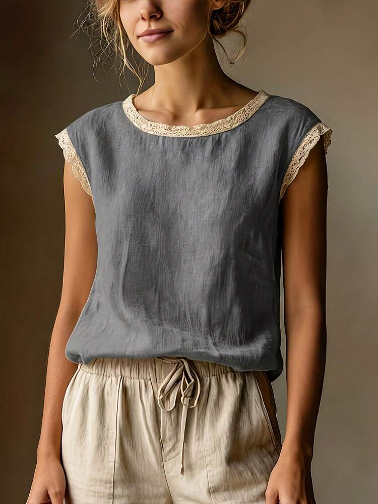 Women's Vintage Short Sleeve Linen Top, Loose And Breathable Linen
