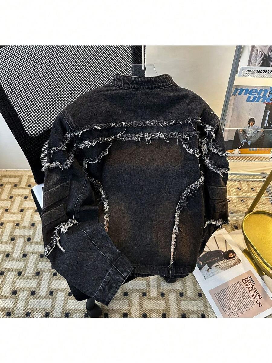 Chaqueta Vaquera Para Hombre, Primavera Y Otoño, Top De Hombro Acolchado Con Borde De Lana En Relieve Americano Retro - Negro - Ver 1