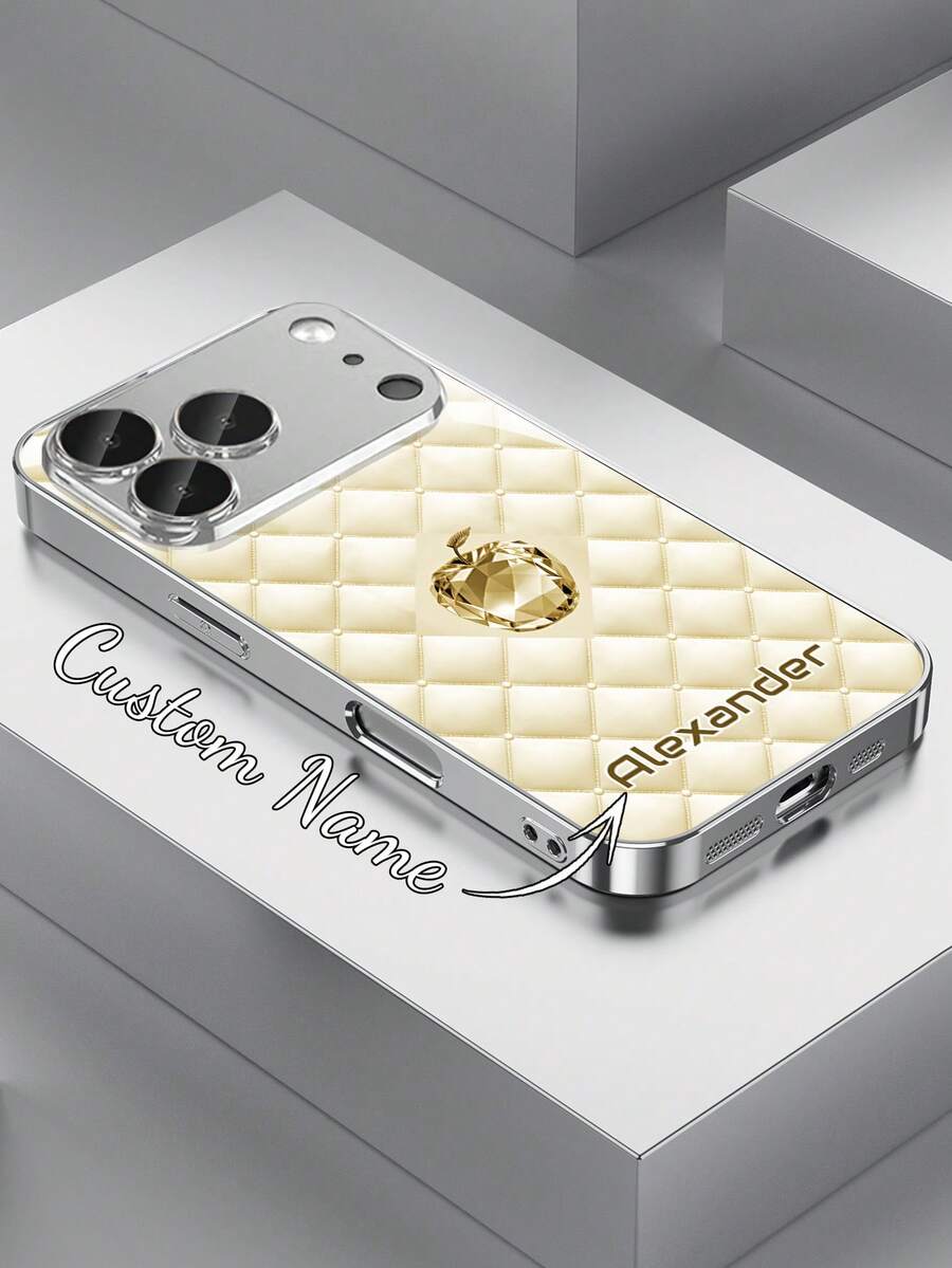 1pc Customizable Luxury Rhombus Crystal Apple Pattern Electroplated Silver Glass Phone Case Compatible With Apple 17 Pro Max/16 Pro Max/15 Pro/14 Plus/13 Pro/12 Pro Max/11/Xs Max/8/7/6 Plus And S24 Ultra/S25 Ultra, Fashionable, Colorful, Cute, Fun, Minimalist, Mother's Day, Father's Day Phone Case, Phone Cover, Phone Accessory - Multicolor - View 1