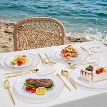 Bộ 1 đĩa bánh/tráng miệng tròn viền vàng đế trắng, bao gồm đĩa nhỏ (7.5"/10.25") và đĩa salad trái cây cao cấp, có thể tái sử dụng và dễ vệ sinh. Lý tưởng cho đám cưới, Ngày Valentine, sinh nhật và các buổi họp mặt ngày lễ. - trắng - Xem 4