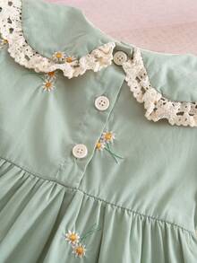 1pc Girls Embroidered Short Sleeve Dress, Ruffle Collar Casual Elegant Dress For Toddler & Young GirlSummer - Green - View 5