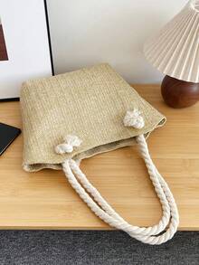 Bolso de playa de paja para vacaciones de verano, de gran capacidad, de moda, versátil, bolso de hombro casual - Caqui claro - Ver 8