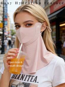 Máscara facial de alta calidad con protección UV para mujeres, nuevo diseño que integra hidratación y protección para el cuello, máscara facial de seda de hielo de verano con función de bebida. Máscara facial transpirable con protección UV y cobertura para el cuello, material integrado de seda de hielo. Máscara facial media con función de bebida, máscara facial de protección UV de verano con cuello integrado de seda de hielo, transpirable y hueca, protección para el cuello para mujeres, sombrero de playa - Multicolor - Ver 4