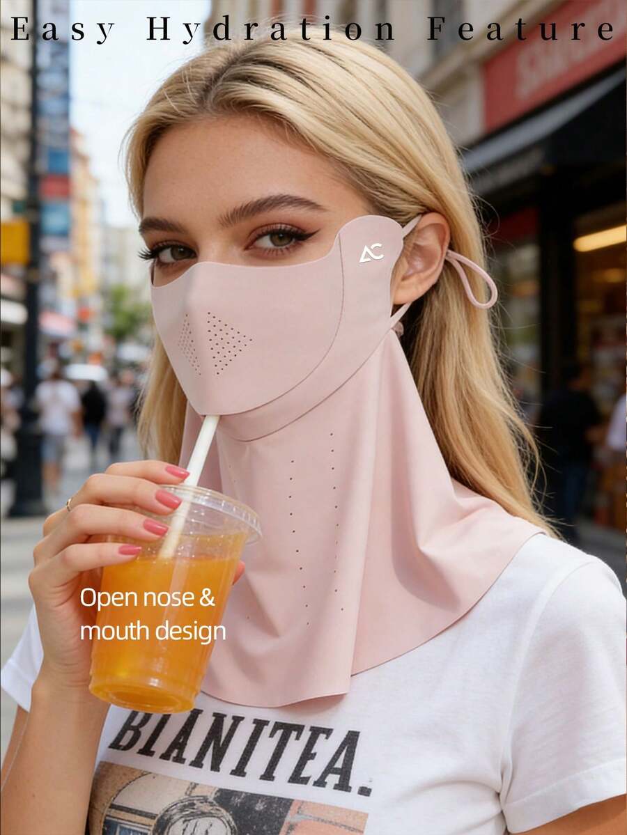 Máscara facial de alta calidad con protección UV para mujeres, nuevo diseño que integra hidratación y protección para el cuello, máscara facial de seda de hielo de verano con función de bebida. Máscara facial transpirable con protección UV y cobertura para el cuello, material integrado de seda de hielo. Máscara facial media con función de bebida, máscara facial de protección UV de verano con cuello integrado de seda de hielo, transpirable y hueca, protección para el cuello para mujeres, sombrero de playa