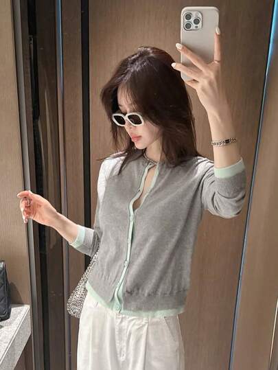 女士休闲简约圆领针织上衣，撞色二合一长袖毛衣开衫，春夏轻薄外套