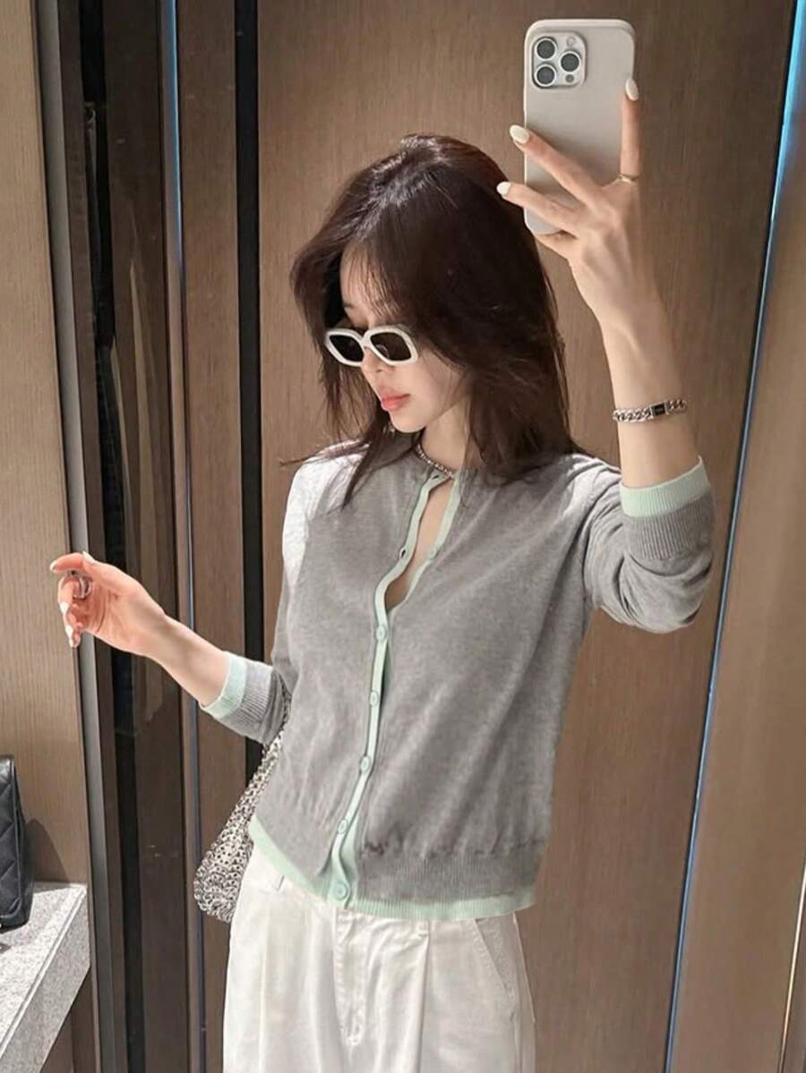 女款休閒極簡圓領針織上衣,對比色 2 合 1 長袖毛衣開襟衫,輕便外套,適合春/夏/秋季 - 灰色 - 查看 1